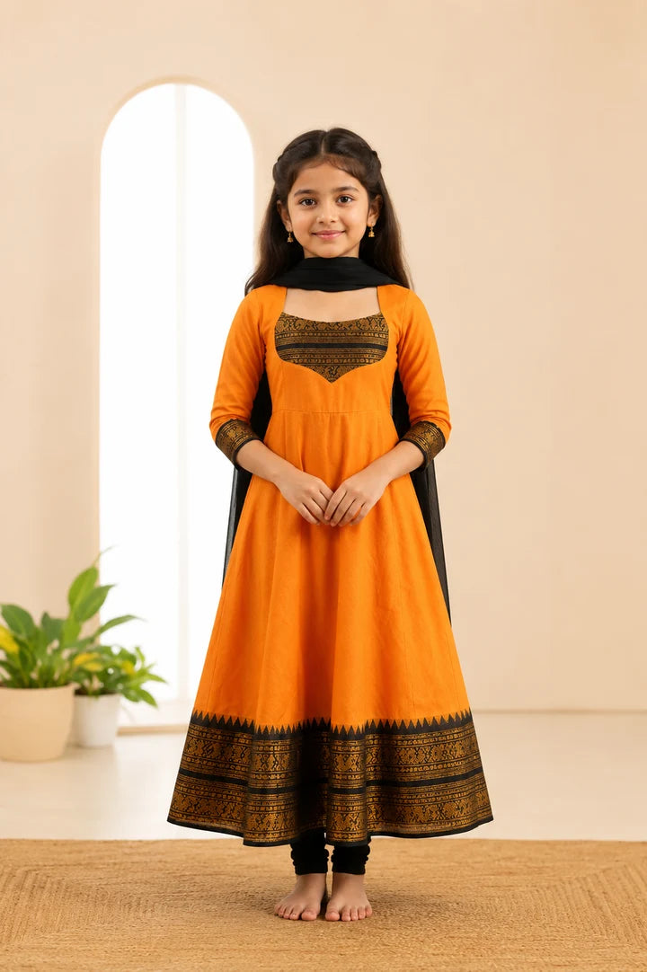 Silk Maxi Kurti with Georgette Jacquard Border Dupatta for Girl