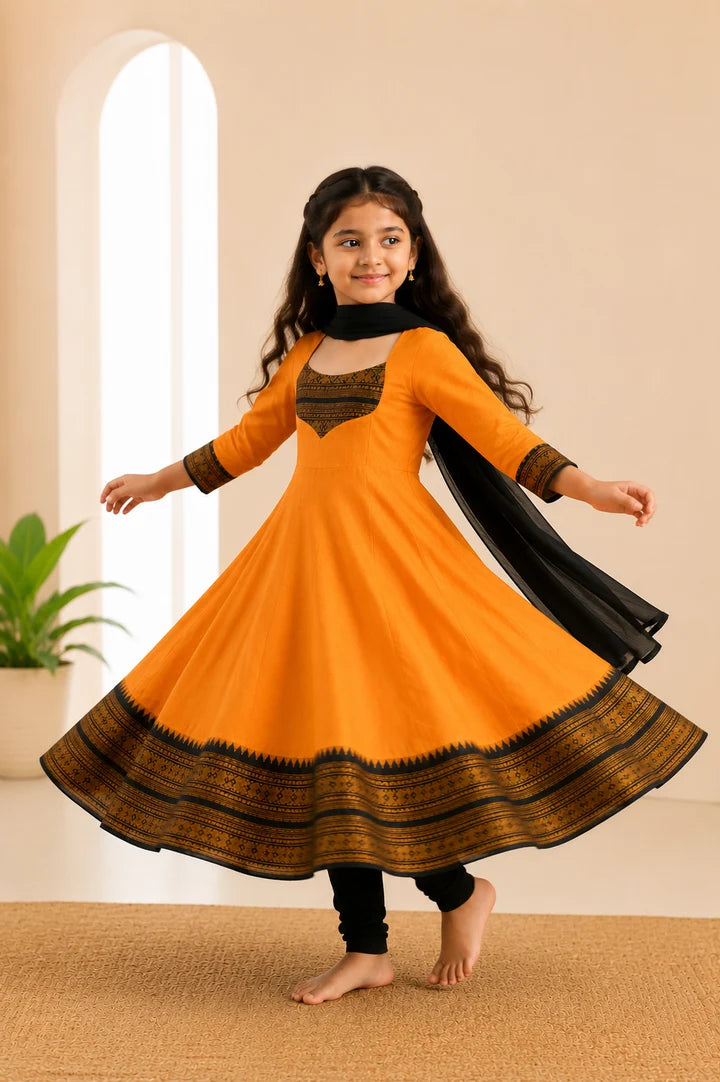 Silk Maxi Kurti with Georgette Jacquard Border Dupatta for Girl