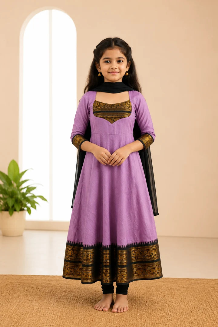 Silk Maxi Kurti with Georgette Jacquard Border Dupatta for Girl
