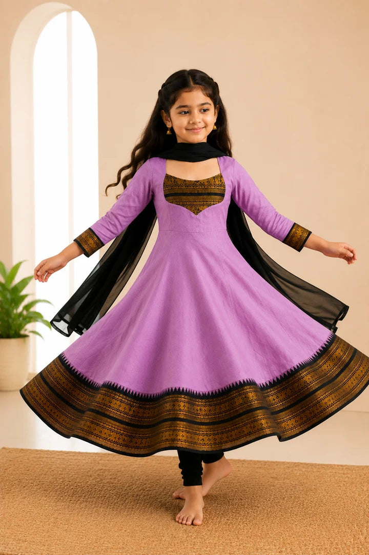 Silk Maxi Kurti with Georgette Jacquard Border Dupatta for Girl