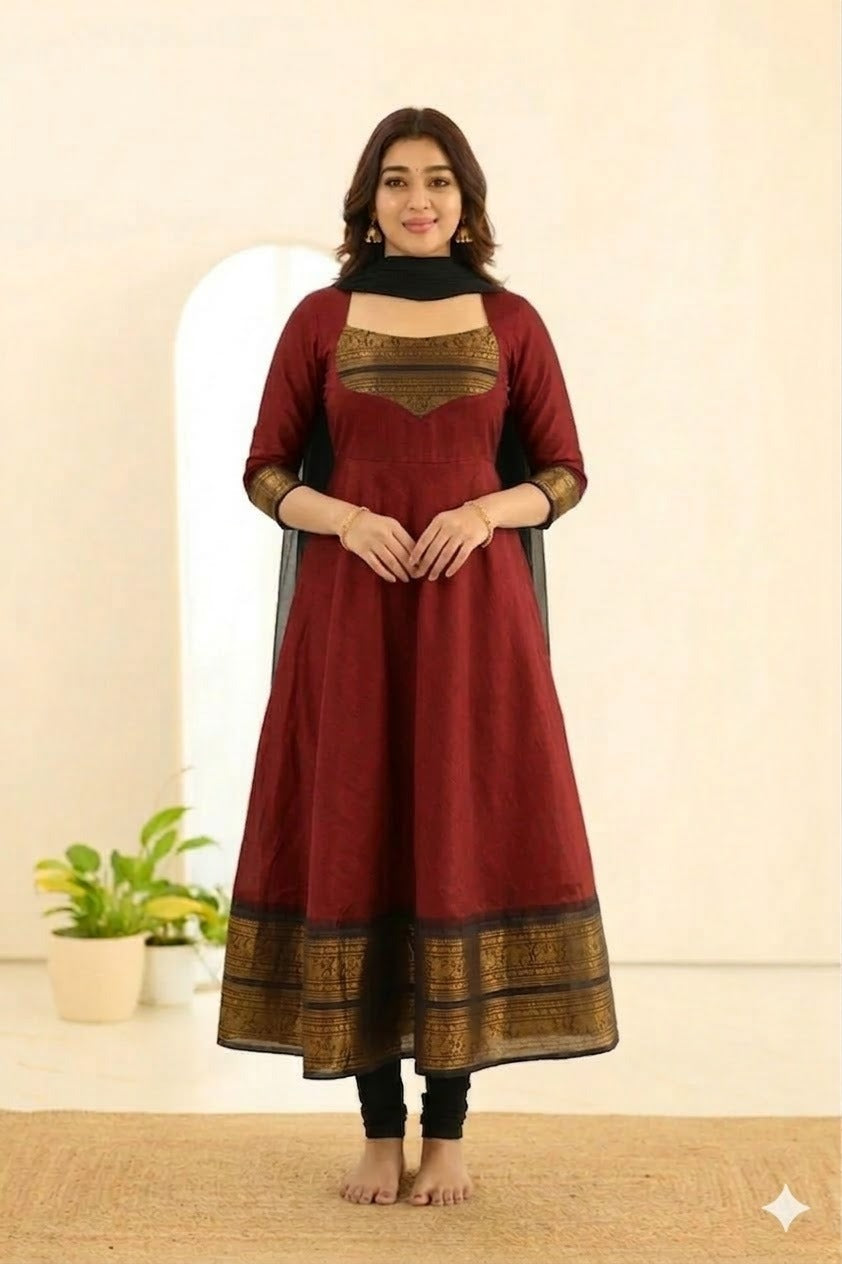 Silk Maxi Kurti with Georgette Jacquard Border Dupatta
