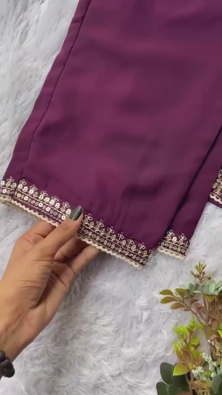 Faux Georgette Sequence Embroidered Kurti Pant Set with Dupatta