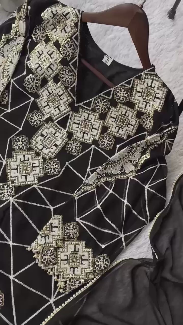 Georgette Sequence Embroidered Top Palazzo Set with Dupatta