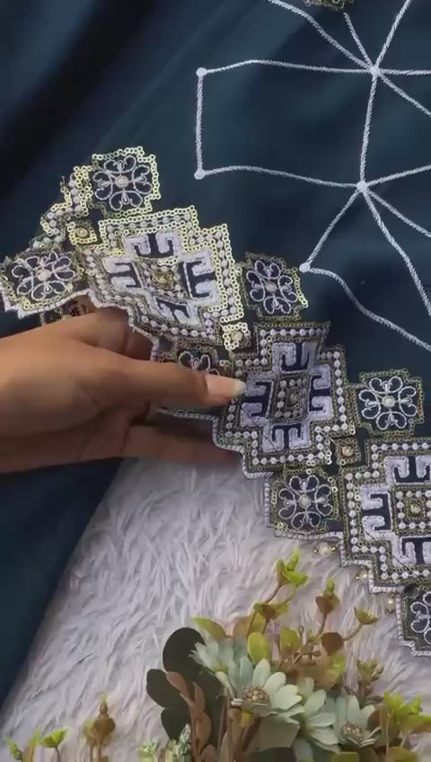 Georgette Sequence Embroidered Top Palazzo Set with Dupatta