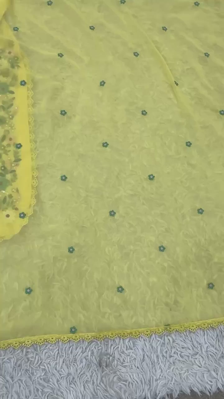 Faux Georgette Embroidered Top, Palazzo with Dupatta Set