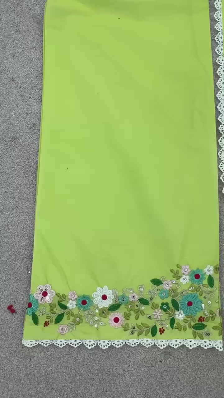 Faux Georgette Embroidered Top, Palazzo with Dupatta Set