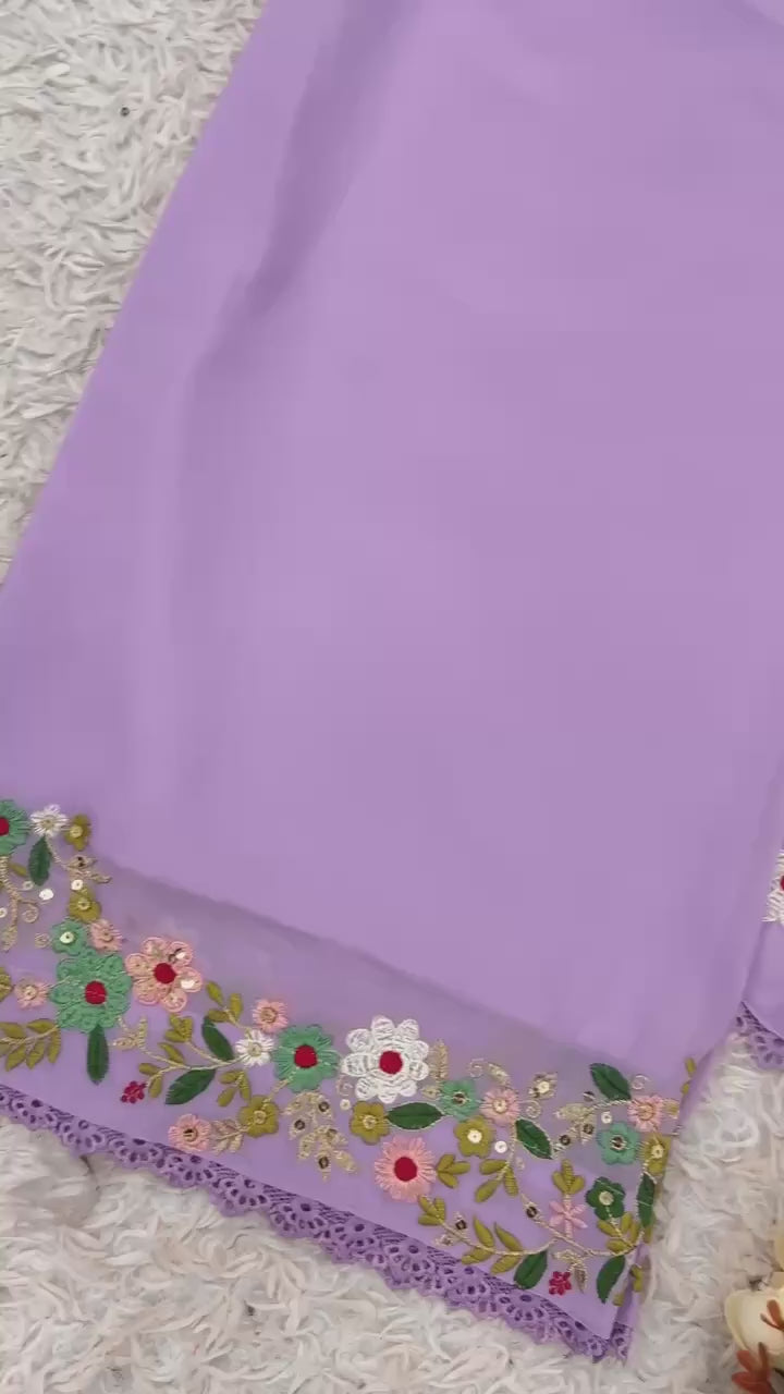 Faux Georgette Embroidered Top, Palazzo with Dupatta Set