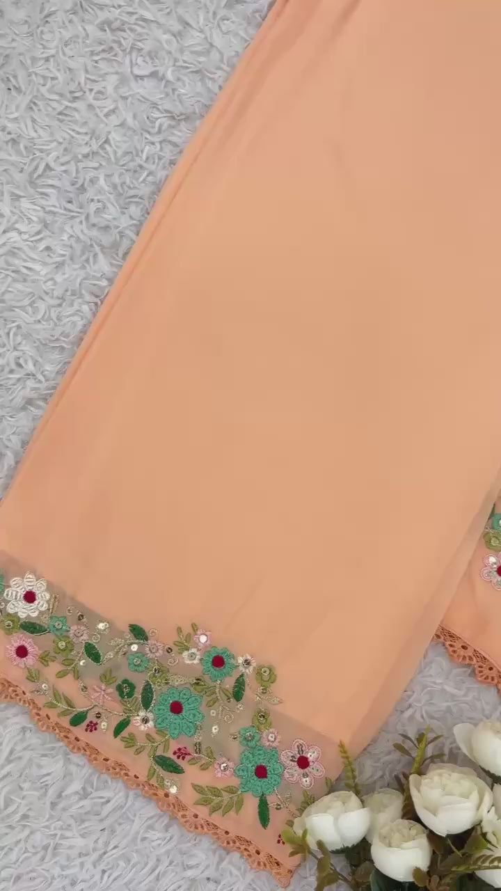 Faux Georgette Embroidered Top, Palazzo with Dupatta Set