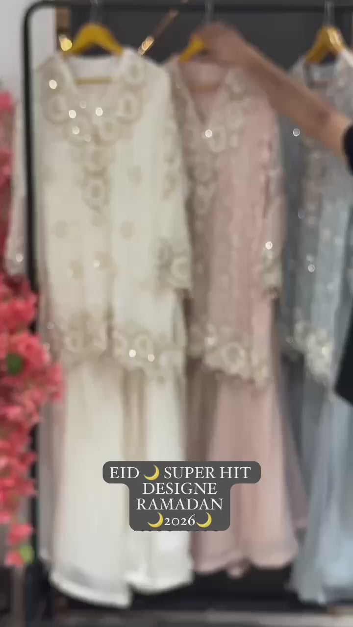 Georgette Sequence Embroidered Top Palazzo Set with Dupatta